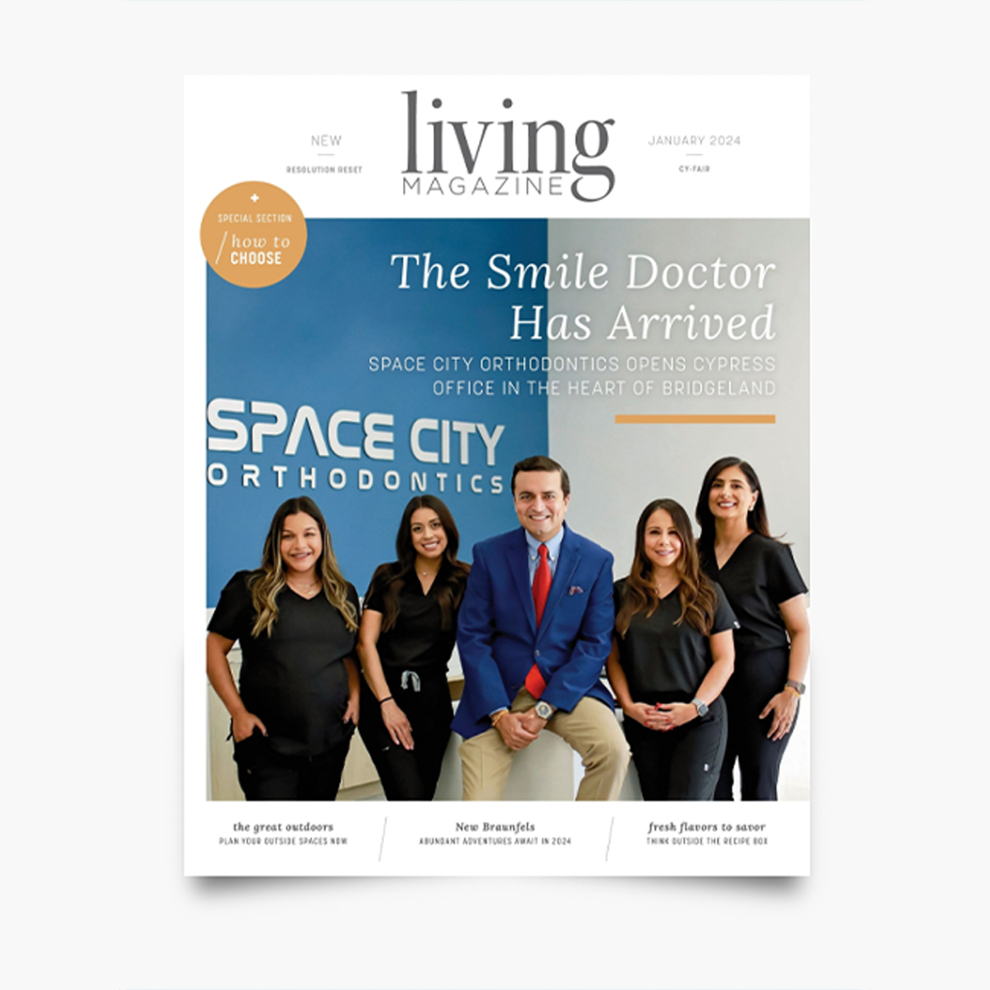 Photo of Dr. Bhagia of Space City Orthodontics on the cover of Living Magazine